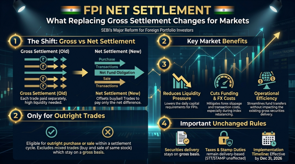 FPI net settlement versus gross settlement comparison showing reduced fund movement for foreign investors